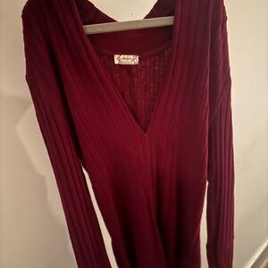 Free People Burgundy Ribbed Knit Top